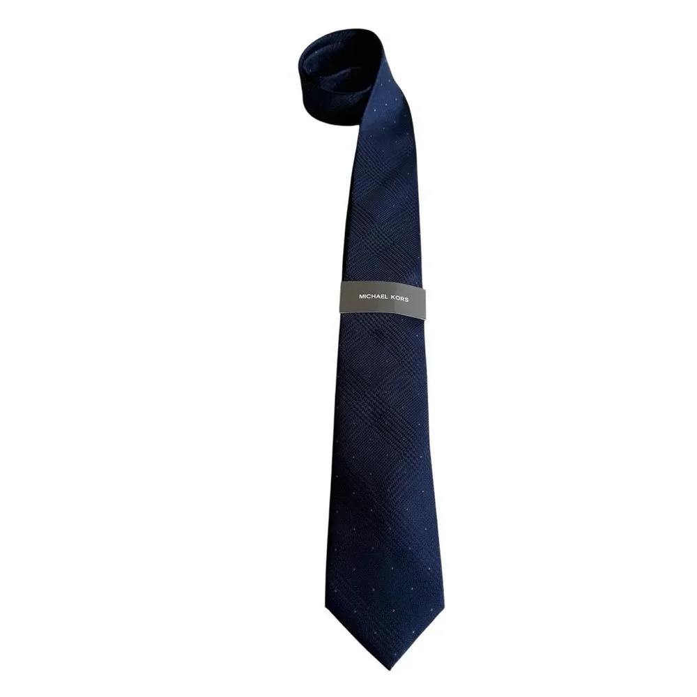 NWT Michael Kors Blue Dotted Glen Check Silk Blend Necktie Tie